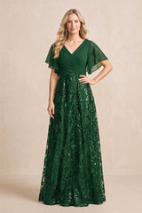 Dark Green Chiffon V-Neck A-Line Embroidered Mother of the Bride Dress with Ruffled Sleeves | KISSBRIDAL