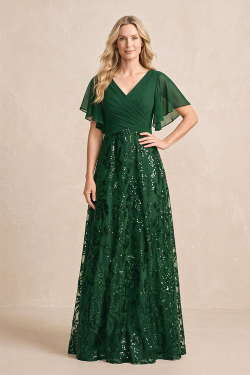 Dark Green Chiffon V-Neck A-Line Embroidered Mother of the Bride Dress with Ruffled Sleeves | KISSBRIDAL