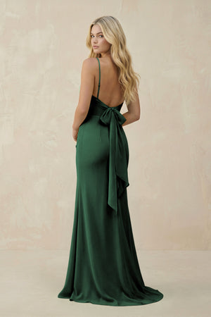 Dark Green Cowl Neck Sheath Chiffon Bridesmaid Dress with Corset (2) | KISSBRIDAL