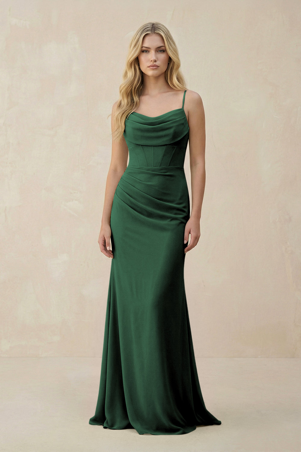 Cowl Neck Sheath Chiffon Bridesmaid Dress with Corset in Dark Green