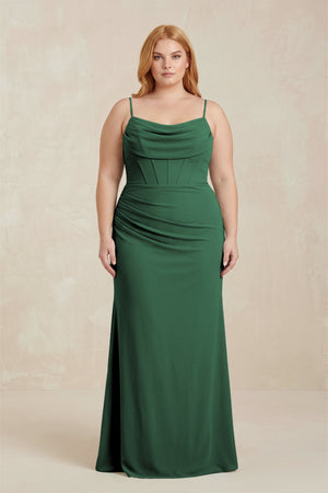 Dark Green Cowl Neck Sheath Chiffon Bridesmaid Dress with Corset [sizeplus] | KISSBRIDAL