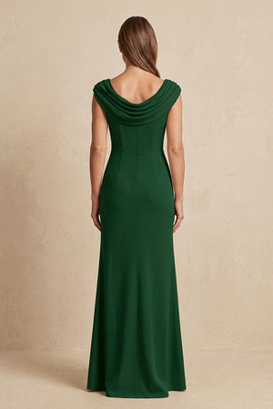 Dark Green Cowl Neck Sheath Chiffon Mother of the Bride Dress with Slit and Cap Sleeves (2) | KISSBRIDAL