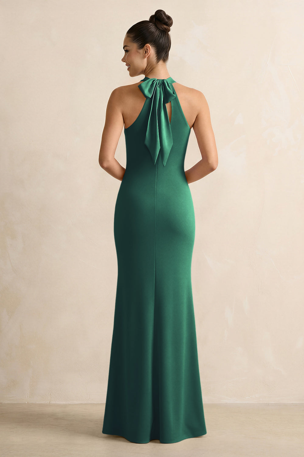 Crisscross Halter Sheath Satin Bridesmaid Dress with Bow in Dark Green