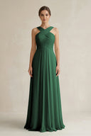 Dark Green Cross Halter Chiffon A-Line Pleated Bridesmaid Dress | KISSBRIDAL