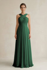 Dark Green Cross Halter Chiffon A-Line Pleated Bridesmaid Dress | KISSBRIDAL