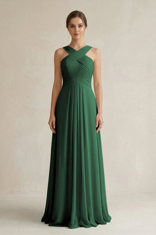 Dark Green Cross Halter Chiffon A-Line Pleated Bridesmaid Dress | KISSBRIDAL
