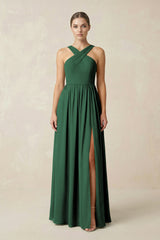 Dark Green Cross Halter Neck Chiffon A-Line Bridesmaid Dress With Slit | KISSBRIDAL
