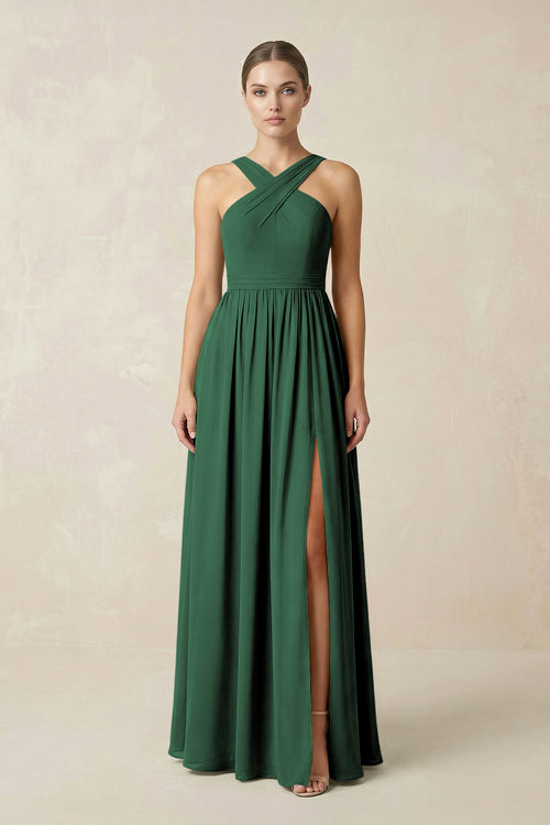 Dark Green Cross Halter Neck Chiffon A-Line Bridesmaid Dress With Slit | KISSBRIDAL