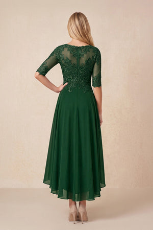 Dark Green Embroidered A-Line Chiffon Midi Mother of the Bride Dress with Sleeves (2) | KISSBRIDAL