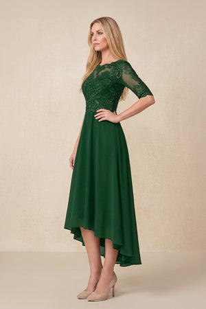 Dark Green Embroidered A-Line Chiffon Midi Mother of the Bride Dress with Sleeves (3) | KISSBRIDAL
