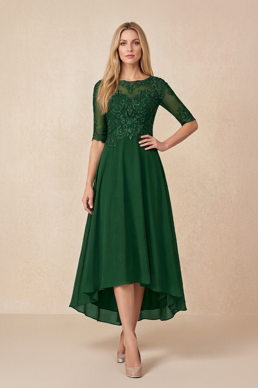 Dark Green Embroidered A-Line Chiffon Midi Mother of the Bride Dress with Sleeves