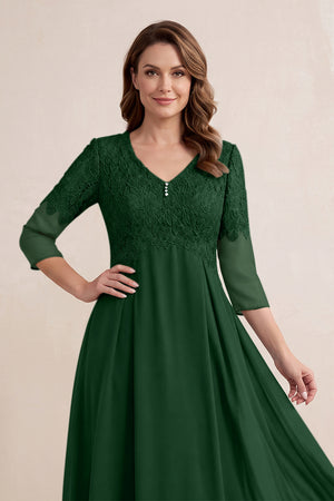 Dark Green Embroidered Chiffon A-Line Midi Mother of the Bride Dress (3) | KISSBRIDAL