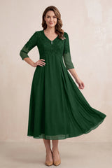 Dark Green Embroidered Chiffon A-Line Midi Mother of the Bride Dress | KISSBRIDAL