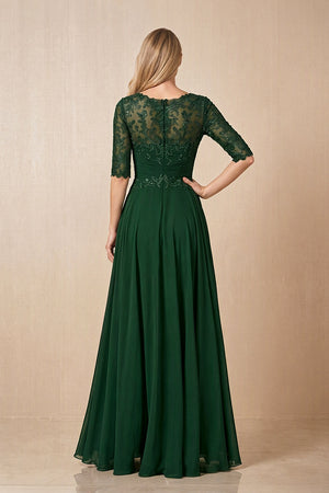 Dark Green Embroidered Chiffon Boat Neck A-Line Mother of the Bride Dress with Half Sleeves (2) | KISSBRIDAL