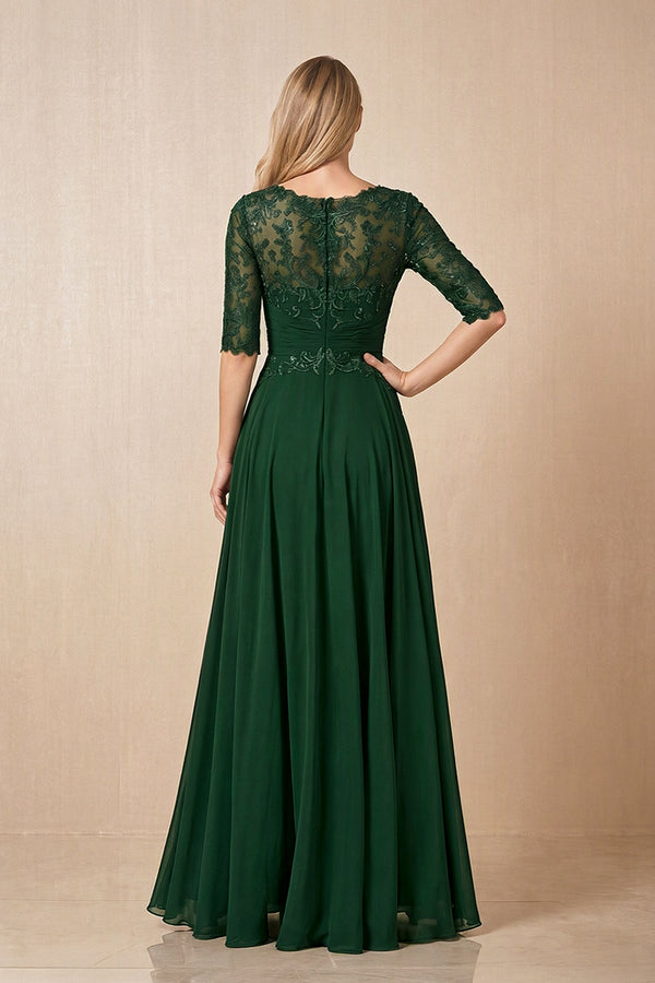 Dark Green Embroidered Chiffon Boat Neck A-Line Mother of the Bride Dress with Half Sleeves (2) | KISSBRIDAL