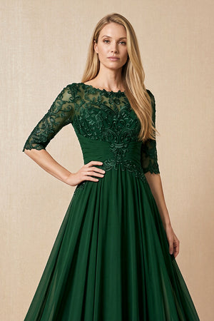 Dark Green Embroidered Chiffon Boat Neck A-Line Mother of the Bride Dress with Half Sleeves (3) | KISSBRIDAL