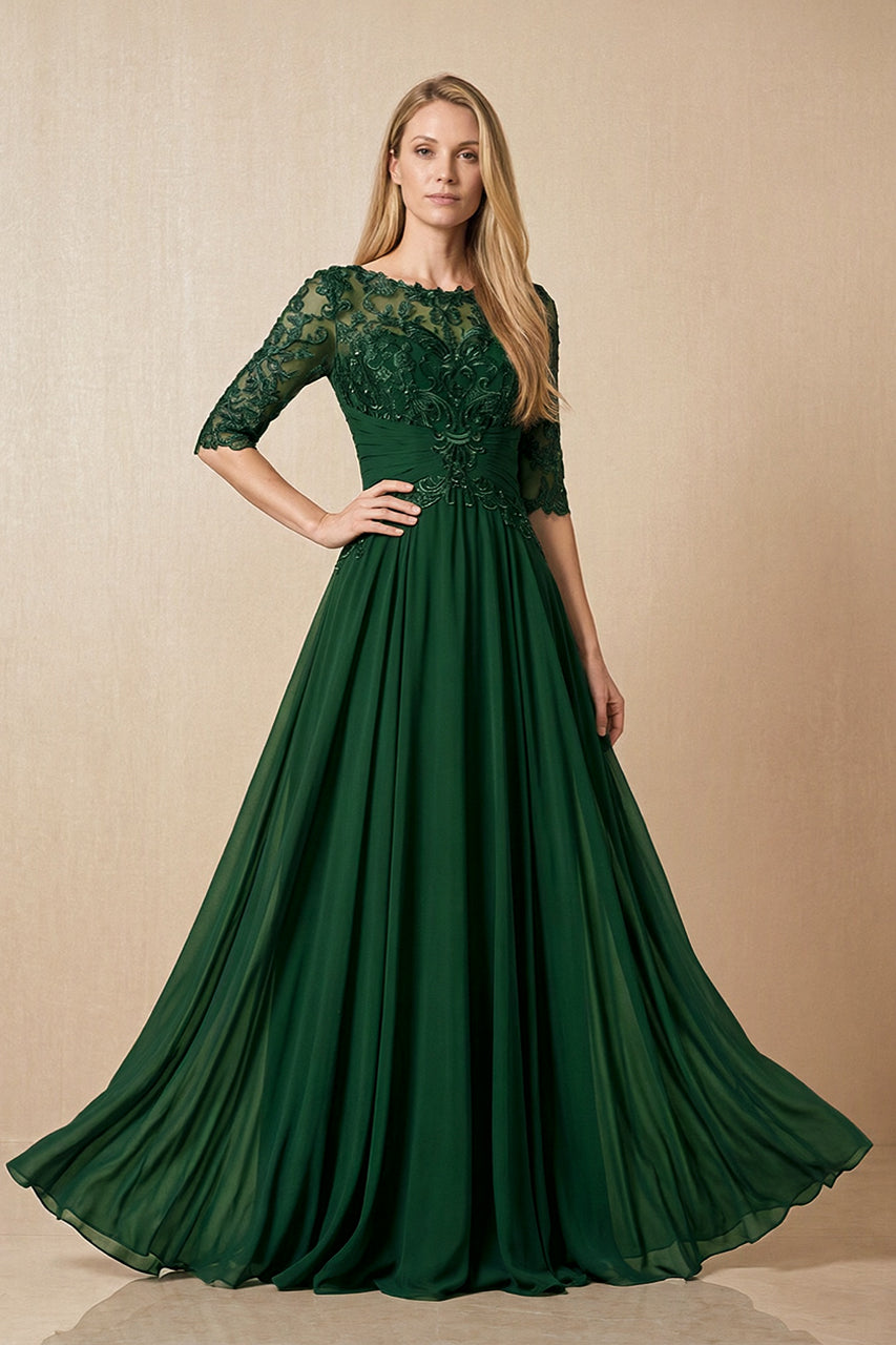 Dark Green Embroidered Chiffon Boat Neck A-Line Mother of the Bride Dress with Half Sleeves