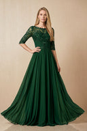 Dark Green Embroidered Chiffon Boat Neck A-Line Mother of the Bride Dress with Half Sleeves | KISSBRIDAL
