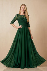 Dark Green Embroidered Chiffon Boat Neck A-Line Mother of the Bride Dress with Half Sleeves | KISSBRIDAL