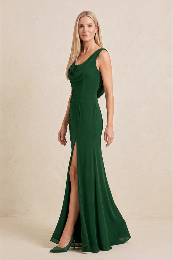 Dark Green Embroidered Cowl Neck Sheath Chiffon Mother of the Bride Dress (3) | KISSBRIDAL