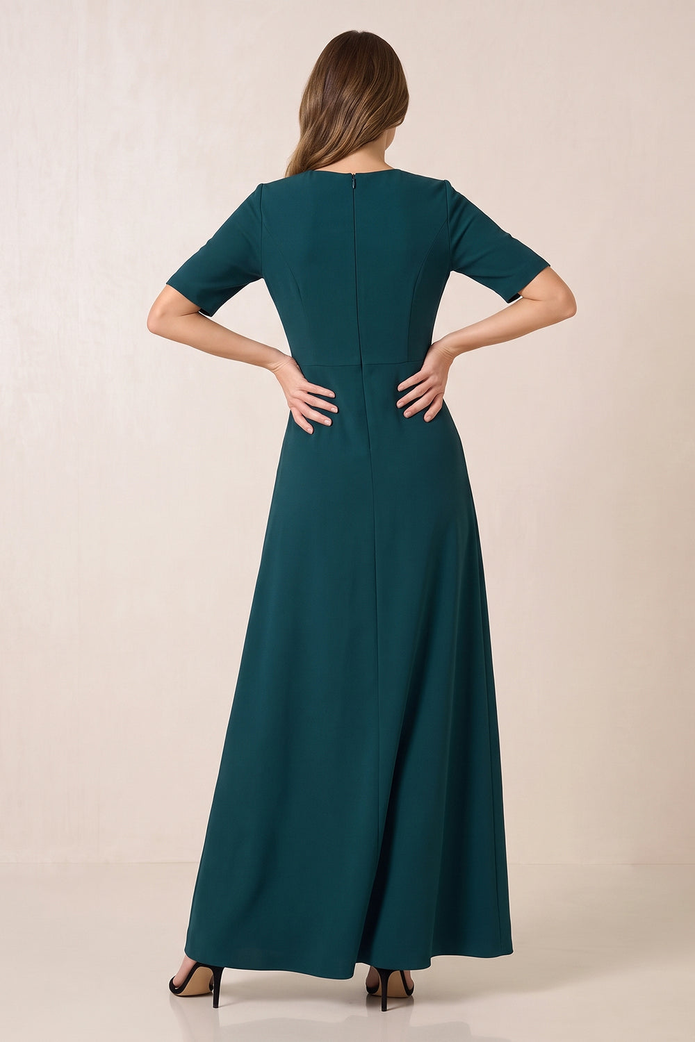 Dark Green Embroidered V-Neck Matte Satin Mother of the Bride Dress with Sleeves