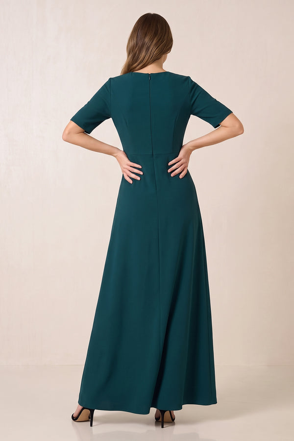 Dark Green Embroidered V-Neck Matte Satin Mother of the Bride Dress with Sleeves (2) | KISSBRIDAL