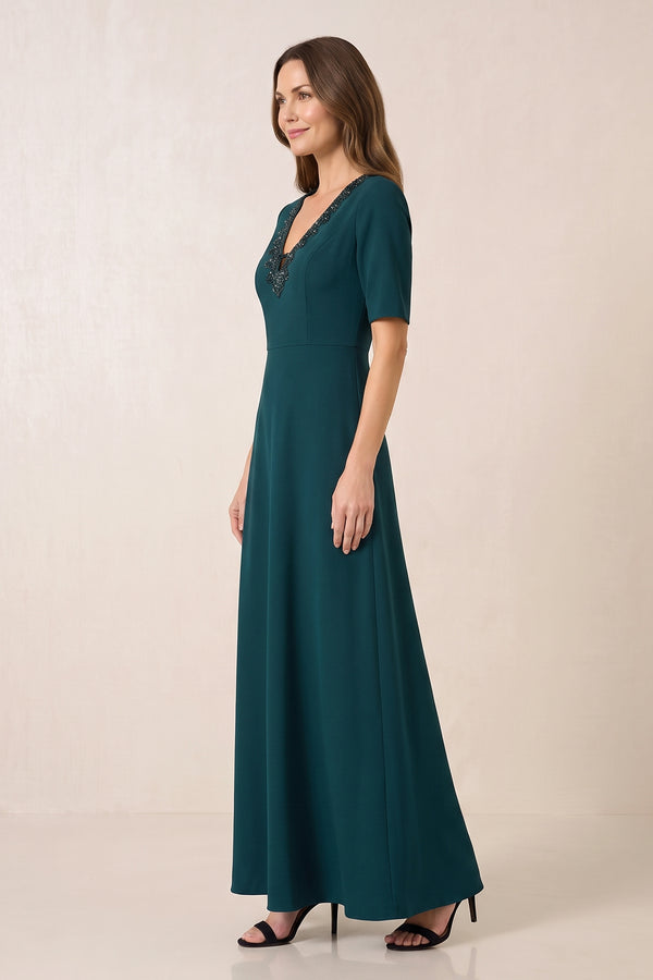 Dark Green Embroidered V-Neck Matte Satin Mother of the Bride Dress with Sleeves (3) | KISSBRIDAL
