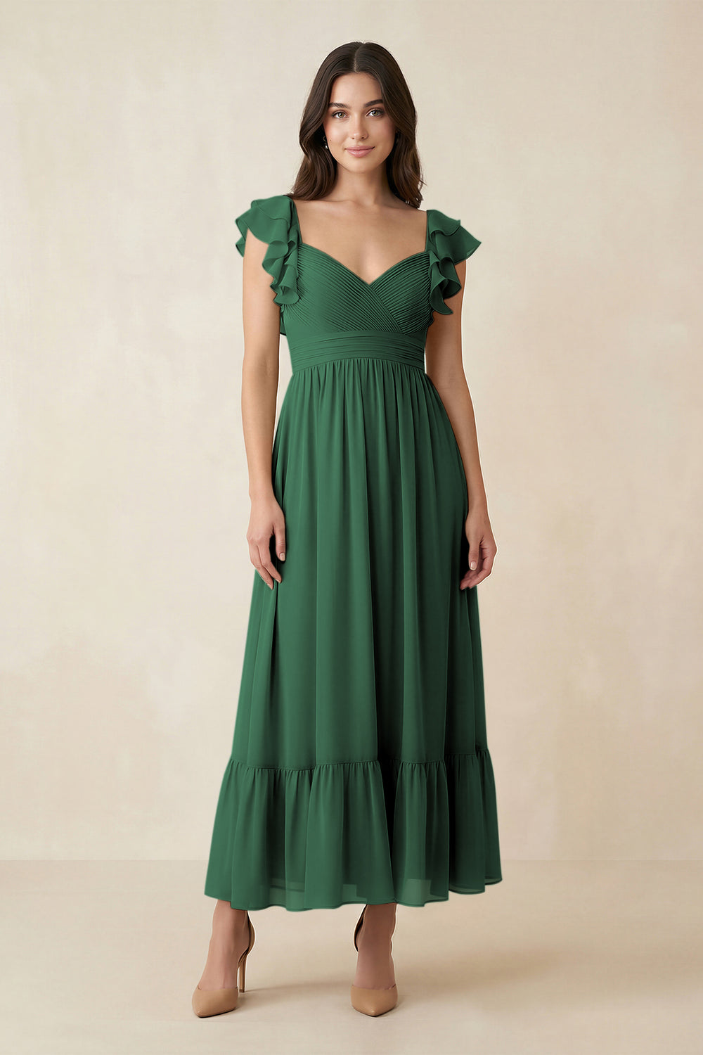 Flutter Sleeve Sweetheart A-Line Chiffon Bridesmaid Dress in Dark Green