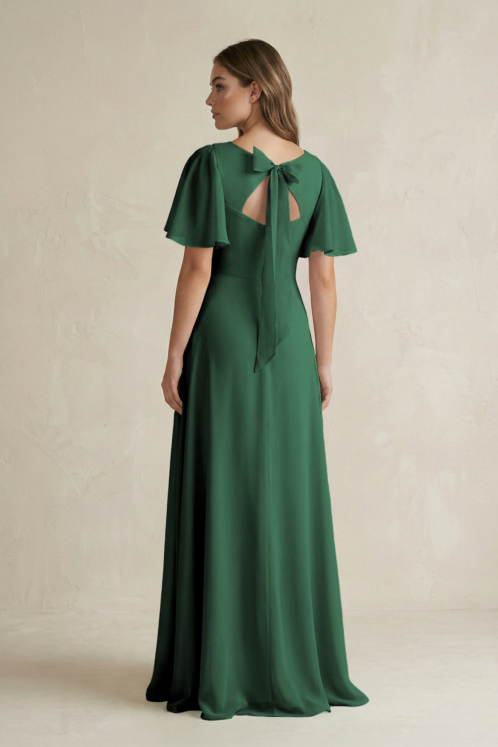 Flutter Sleeve V-Neck A-Line Chiffon Bridesmaid Dress in Dark Green