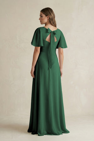 Dark Green Flutter Sleeve V-Neck A-Line Chiffon Bridesmaid Dress (2) | KISSBRIDAL