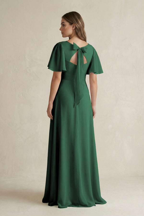 Dark Green Flutter Sleeve V-Neck A-Line Chiffon Bridesmaid Dress (2) | KISSBRIDAL