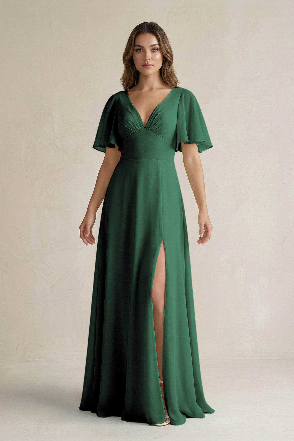 Flutter Sleeve V-Neck A-Line Chiffon Bridesmaid Dress in Dark Green