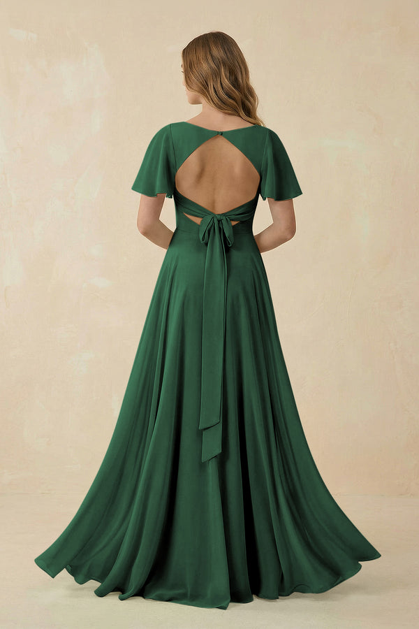 Dark Green Flutter Sleeve V-Neck Chiffon A-Line Bridesmaid Dress (2) | KISSBRIDAL