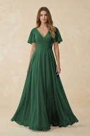 Dark Green Flutter Sleeve V-Neck Chiffon A-Line Bridesmaid Dress | KISSBRIDAL