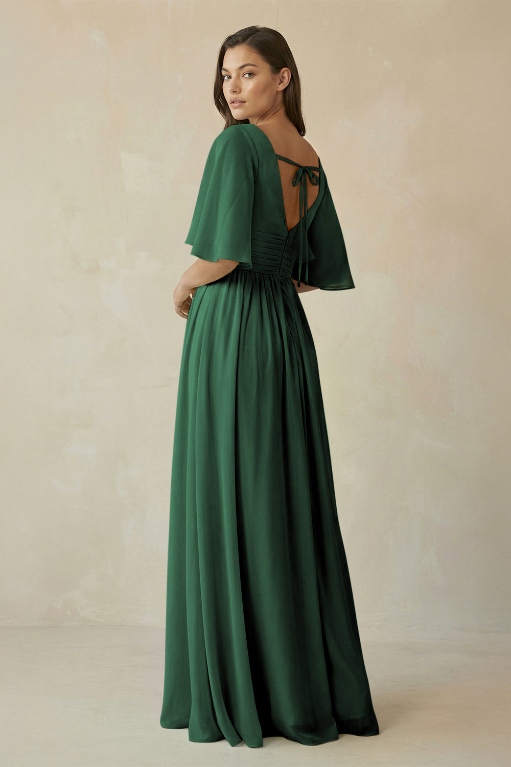 Half Sleeve V-Neck A-Line Chiffon Bridesmaid Gown in Dark Green