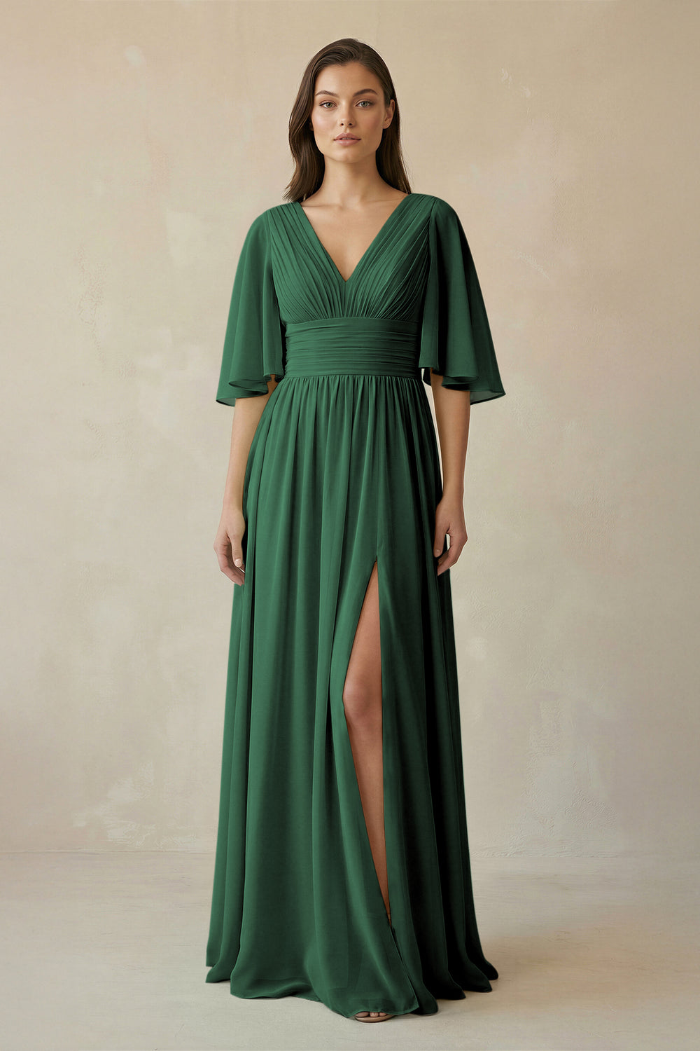 Half Sleeve V-Neck A-Line Chiffon Bridesmaid Gown in Dark Green
