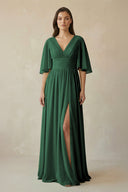 Dark Green Half Sleeve V-Neck A-Line Chiffon Bridesmaid Gown | KISSBRIDAL