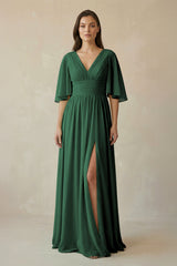 Dark Green Half Sleeve V-Neck A-Line Chiffon Bridesmaid Gown | KISSBRIDAL