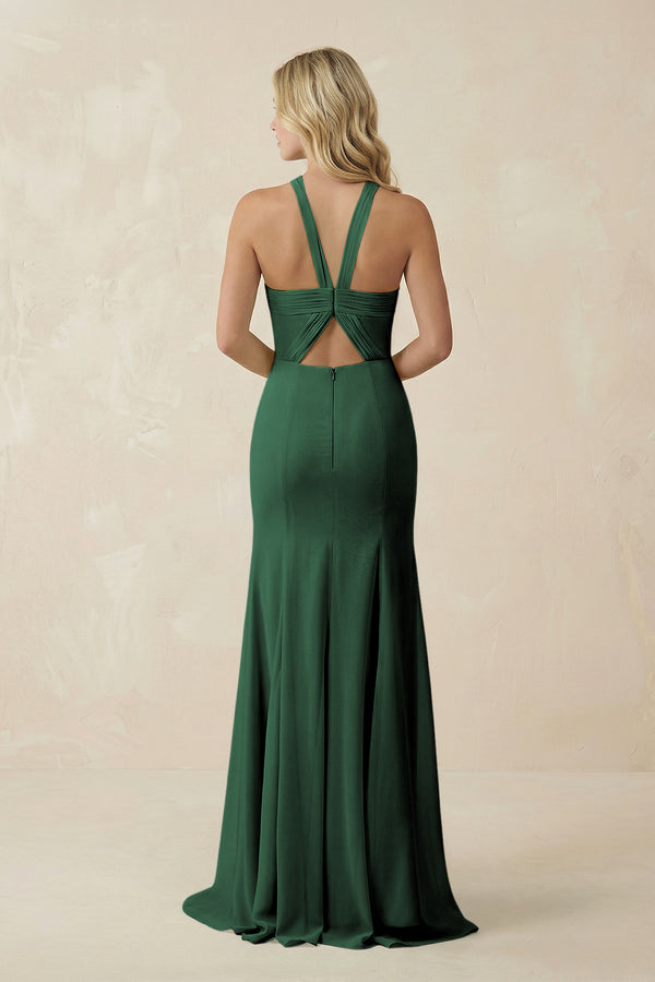 Dark Green Halter Chiffon Mermaid Ruched Bridesmaid Dress (2) | KISSBRIDAL