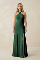 Dark Green Halter Chiffon Mermaid Ruched Bridesmaid Dress | KISSBRIDAL