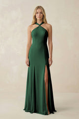Dark Green Halter Chiffon Mermaid Ruched Bridesmaid Dress | KISSBRIDAL