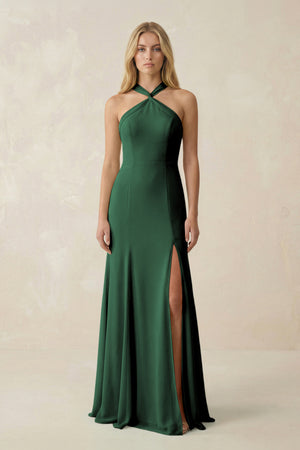 Dark Green Halter Chiffon Mermaid Ruched Bridesmaid Dress | KISSBRIDAL