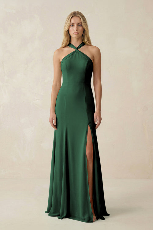 Dark Green Halter Chiffon Mermaid Ruched Bridesmaid Dress | KISSBRIDAL