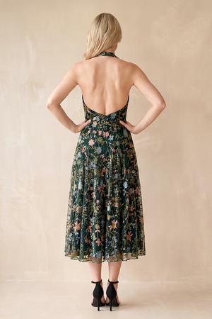 Dark Green Halter Flower Embroidered A-Line Tulle Midi Wedding Guest Dress (2) | KISSBRIDAL