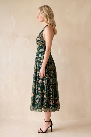 Dark Green Halter Flower Embroidered A-Line Tulle Midi Wedding Guest Dress (3) | KISSBRIDAL