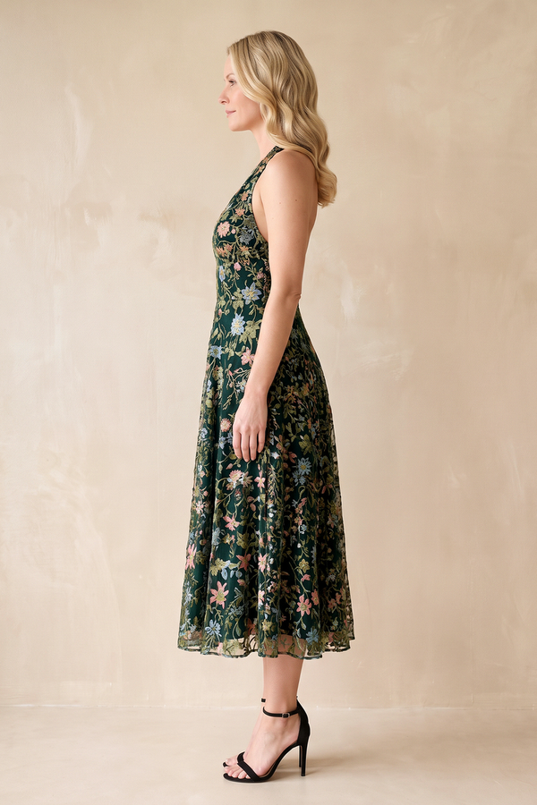 Dark Green Halter Flower Embroidered A-Line Tulle Midi Wedding Guest Dress (3) | KISSBRIDAL