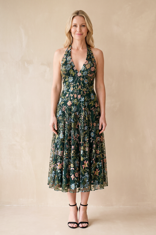 Dark Green Halter Flower Embroidered A-Line Tulle Midi Wedding Guest Dress | KISSBRIDAL