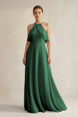 Dark Green Halter Neck A-Line Chiffon Bridesmaid Dress with Keyhole | KISSBRIDAL