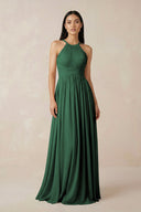Dark Green Halter Neck A-Line Chiffon Bridesmaid Dress | KISSBRIDAL