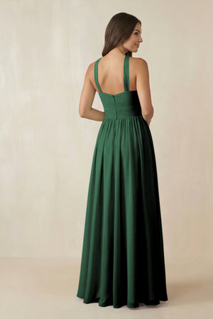 Dark Green Halter Neck Ruched A-Line Chiffon Bridesmaid Dress (2) | KISSBRIDAL